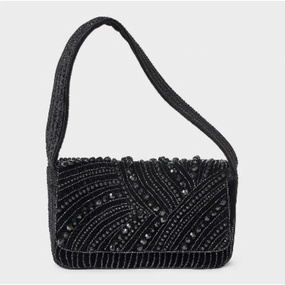 A New Day Black Beaded Rhinestone Flap Shoulder Bag Evening Clutch 94687144 NWT